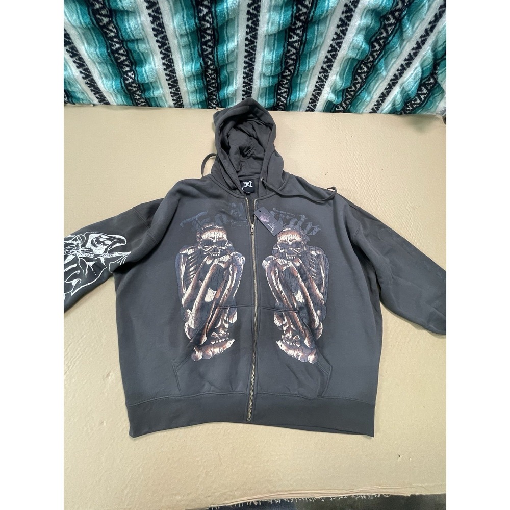 Ed Hardy Full Zip Up Hoodie Distressed With Cracked Graphics Skeletons Reaper XL